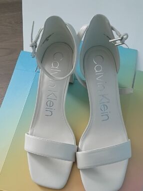 Calvin Klein White Ankle-Strap Square-Toe Sandals